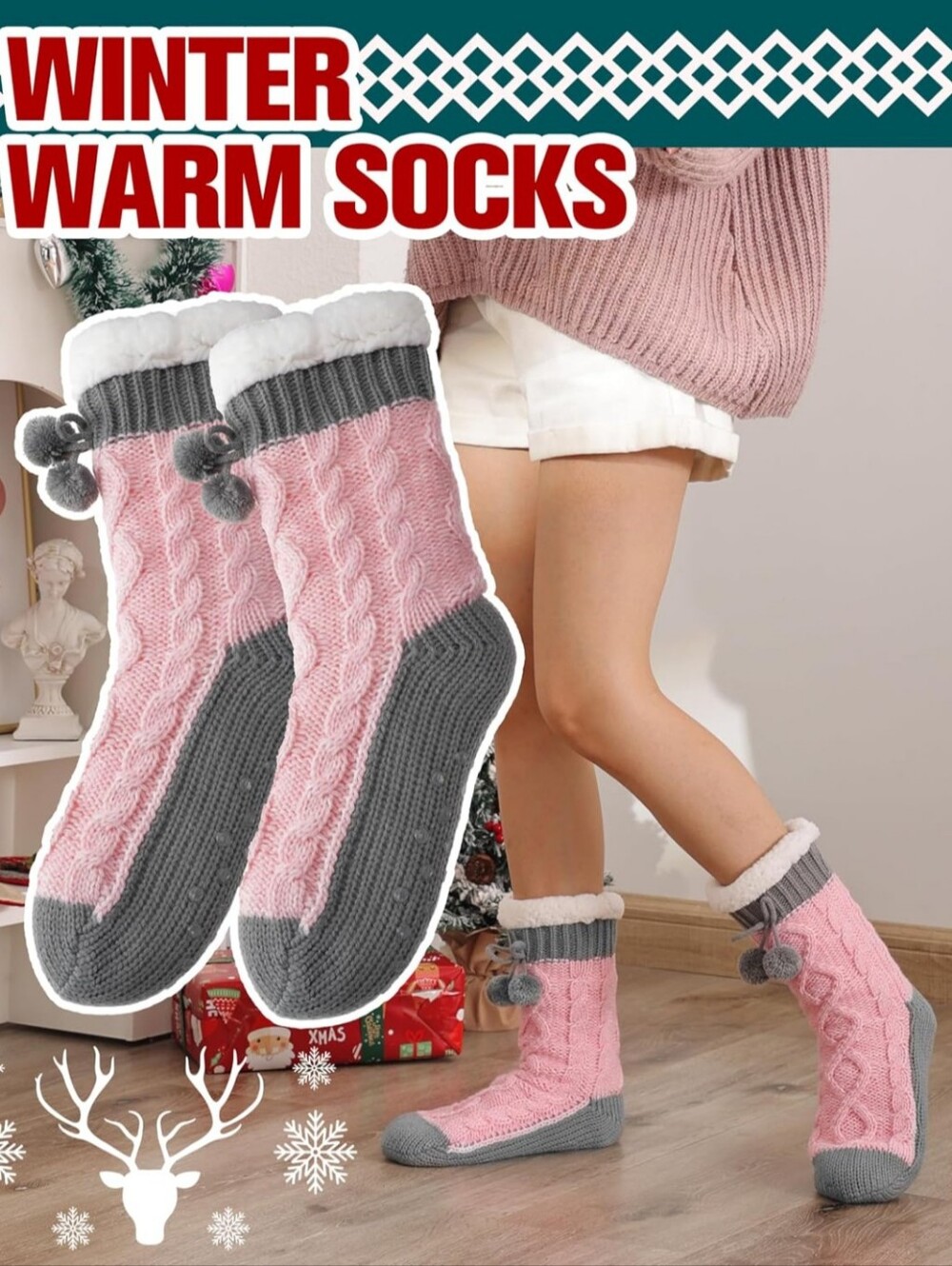 Cozy Cable Knit Fleece-Lined Women’s Slipper Socks - Pink & Gray